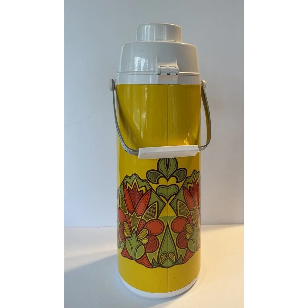 Vintage 70s Japan Airpot Pump Thermos MCM Mod Flower Power Yellow Green Orange
